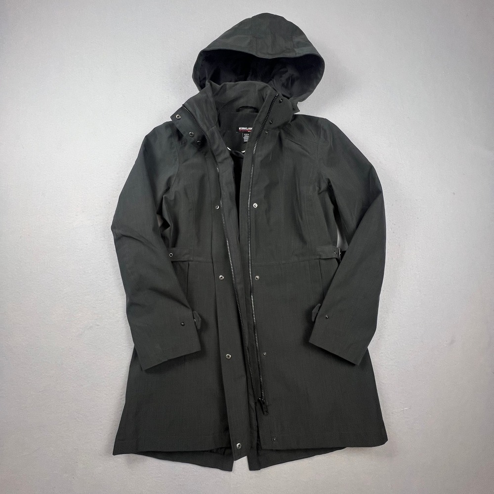 Kirkland Signature Trench Coat Womens Med. Gray Hooded Rain Jacket Utility Gorp
